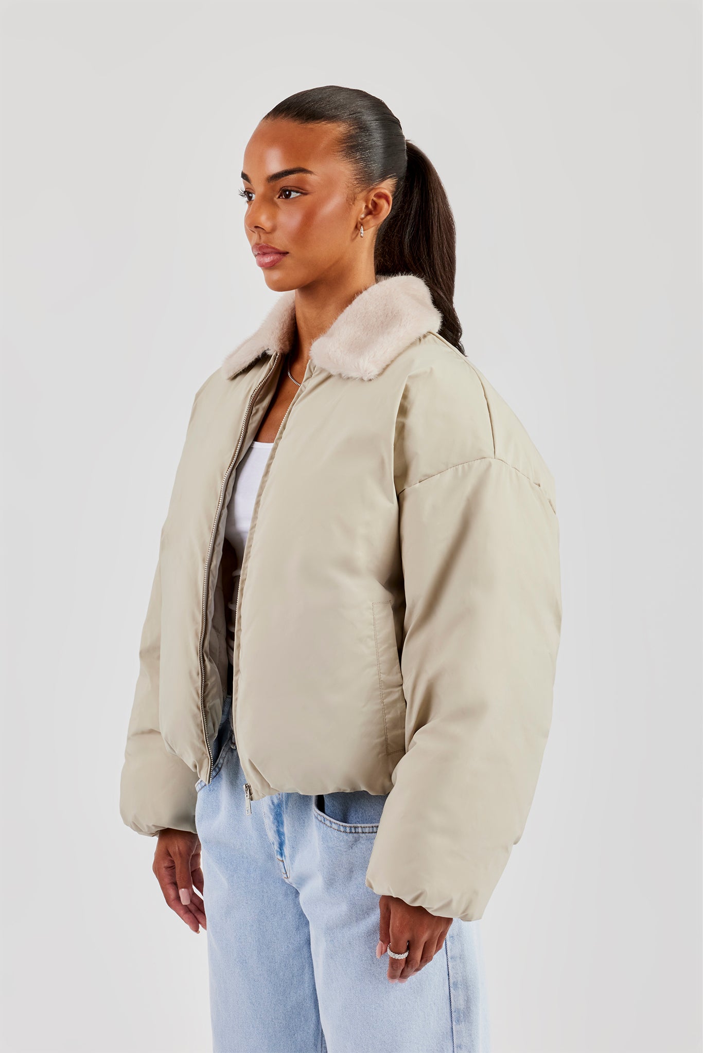 Padded Bomber With Fur Collar - Sage